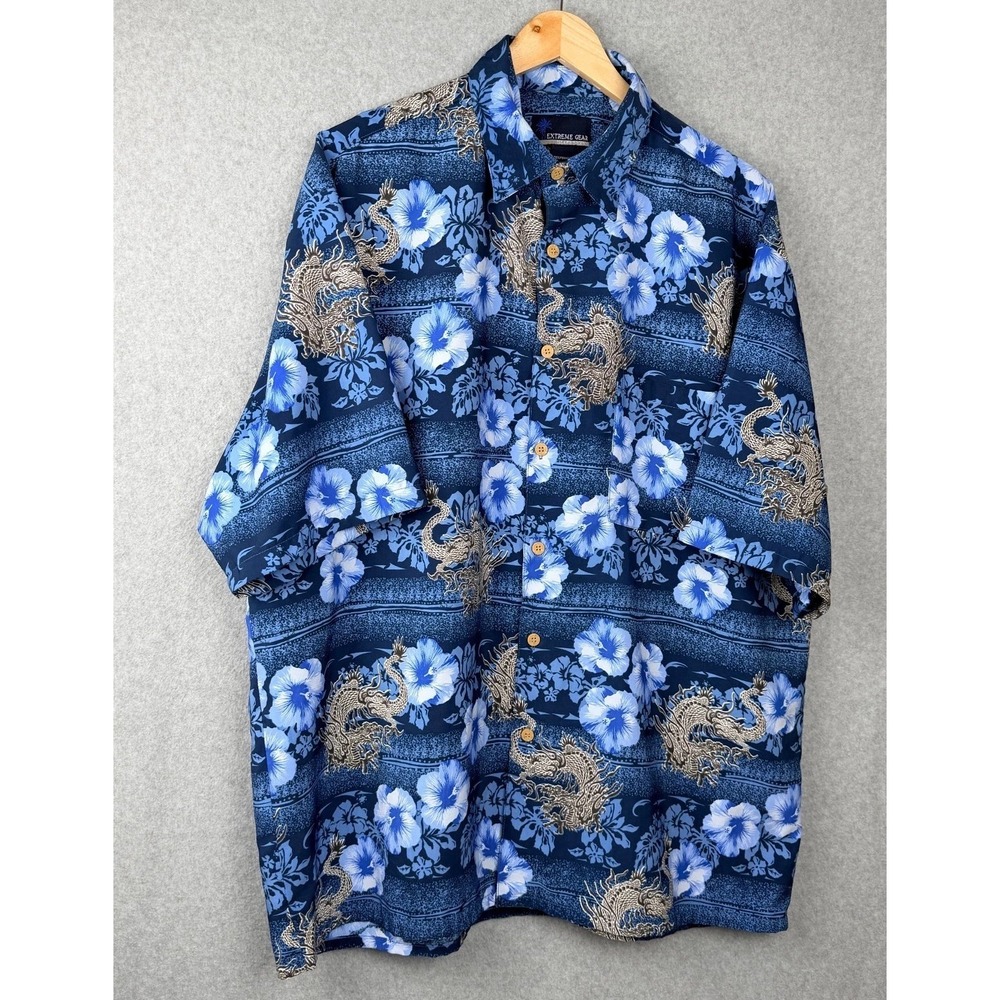Hawaiian Shirt Island Dragons Floral Mens XL Extreme Gear Blue Poly
